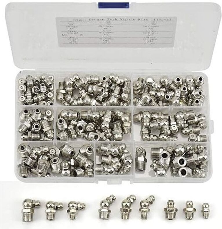 115 Schmiernippel, M6 M8 M10 Gewindeanschlüsse aus vernickeltem Eisen, gerade/abgewinkelt 45° und 90°, für industrielle ...