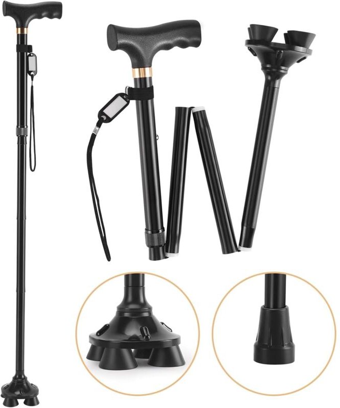 Höhenverstellbarer, zusammenklappbarer Gehstock mit klappbarem, rutschfestem T-Griff und vier schwenkbaren Beinen für Da...