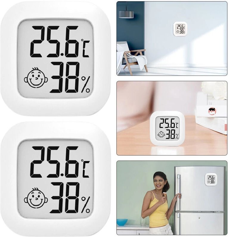 2er Set Mini Hygrometer Thermometer Digital LCD Weiß, Digitale Anzeige Temperatur und Luftfeuchtigkeit Innen, Ideal für ...