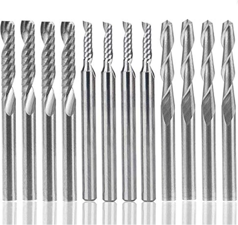 12 Stück Wolframkarbid-Schaftfräser, 4 Bilder 1/8 Zoll für CNC-Fräser, Doppelschneidewerkzeuge + 8 Stück einschneidige S...