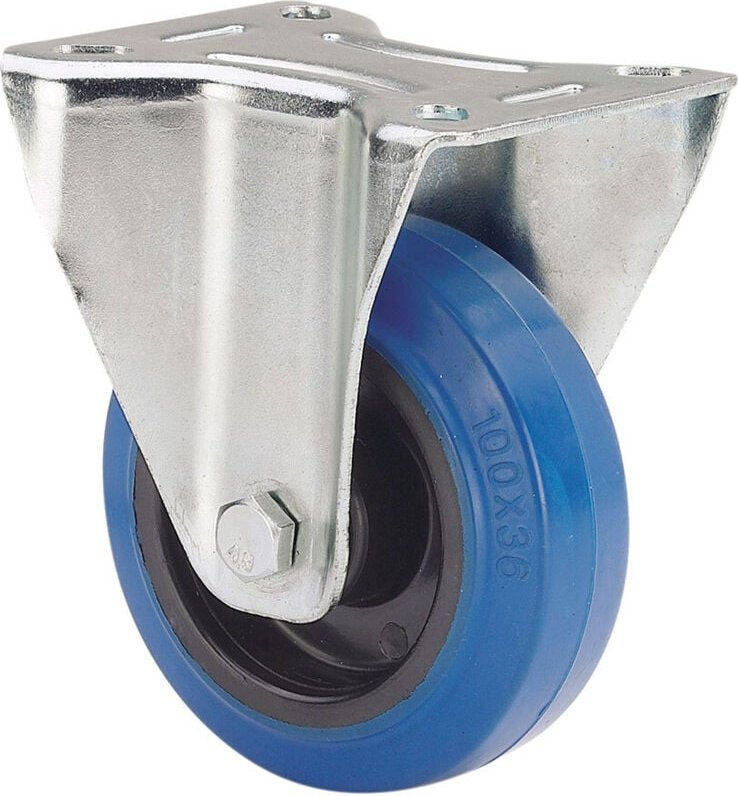 Bockrolle ofGummi, mit Platte und Achse ofRollen, Farbe blau, max. Belastung 100 kg, ø 10 cm