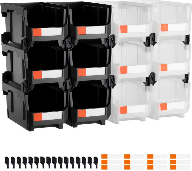 Mophorn Stapelboxen, 377 x 215 x 180 mm (12er-Pack), Lagerboxen zur Organisation und Aufbewahrung von Kleinteilen, Bürob...