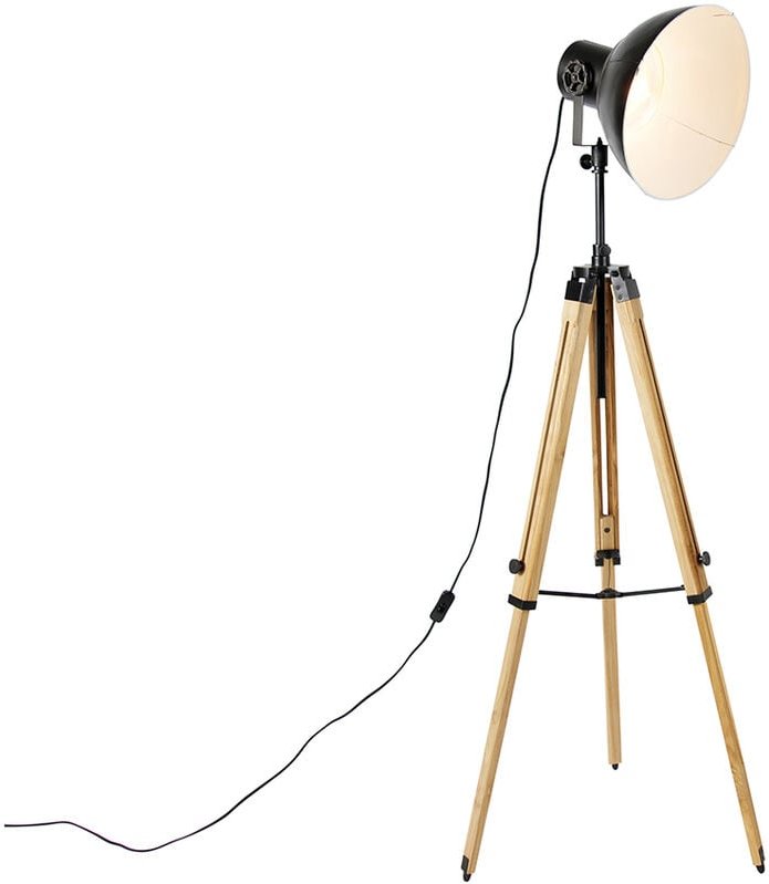 Industrielle Dreibein-Stehlampe schwarz mit Holz - Mangos