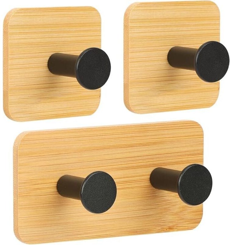 Handtuchhalter Holz, Wandhaken Holz, Haken Selbstklebend, Klebehaken Extra Stark, 3 Stück Handtuchhalter Bambus, Kleider...