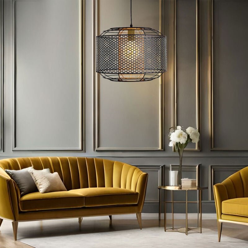 Nowa - Pendelleuchte Hängeleuchte Esstischlampe Wohnzimmerleuchte Küchenlampe, Metallgitter schwarz Zylinder goldfarben,...