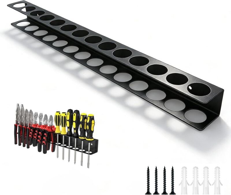 Porte-outils mural – 14 trous acier carbone – tournevis/clés/marteaux – vis incluses