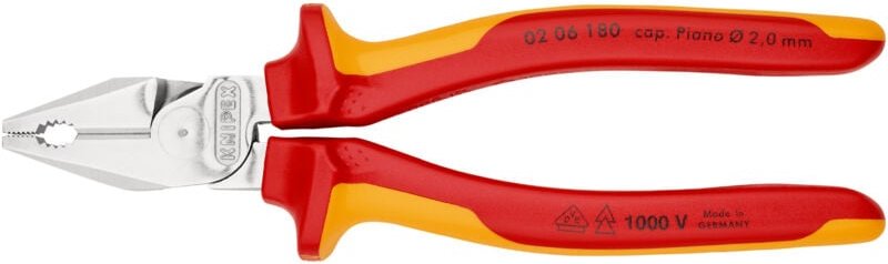 KNIPEX 02 06 180 SB Kraft-Kombizange isoliert mit Mehrkomponenten-Hüllen, VDE-geprüft verchromt 180 mm