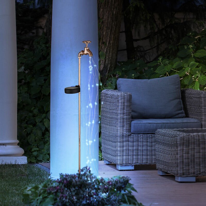 Solar Wasserhahn Deko Garten Wasserhahn mit Licht Außen Solar Gartenstecker für Außen, Feuereffekt, Metall gold, 60x led...