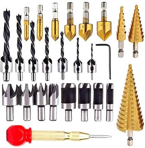 Thumbnail - 26-teiliges Senkbohrer-Set, 8 Stück Holzdübelschneider-Bohrer, 7 Stück Dreipunktbohrer, 6 Stück Senkerbohrer, 3 Stück St...