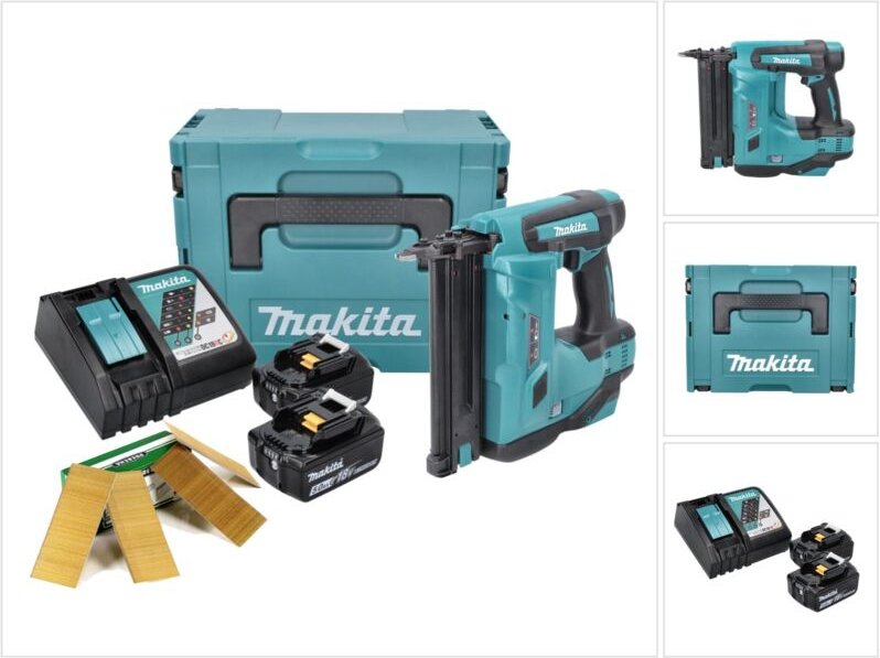 Makita DBN 500 RTJ Akku Stauchkopfnagler 18 V 15-50 mm + 2x Akku 5,0 Ah + Ladegerät + Makpac + Stauchkopfnägel 50 mm 200...