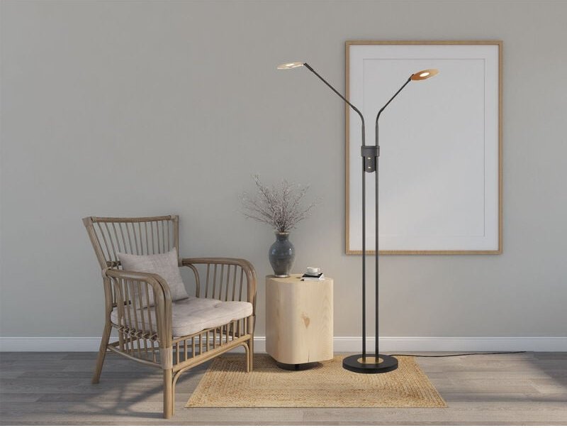 Led Stehleuchte dent Schwarz / Gold 2 flammig mit Dimmer, Höhe 150cm