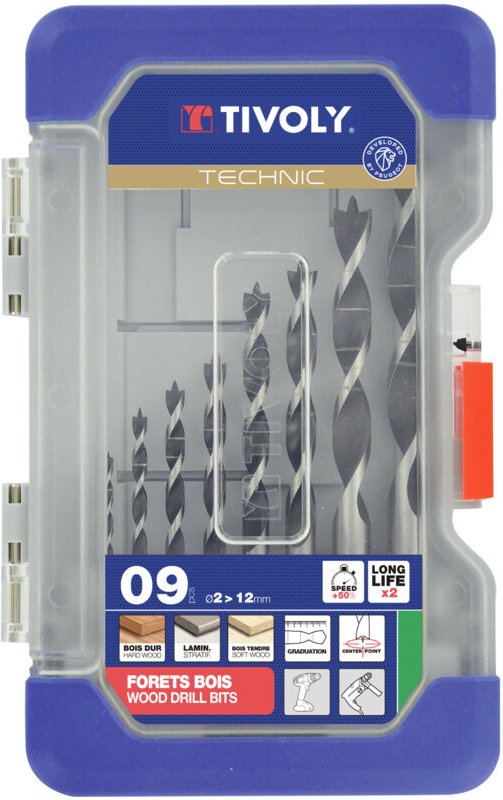 Thumbnail - Box mit 9 Holzbohrern mit 3 abgestuften Spitzen slr ø 2 bis 12 mm - Tivoly