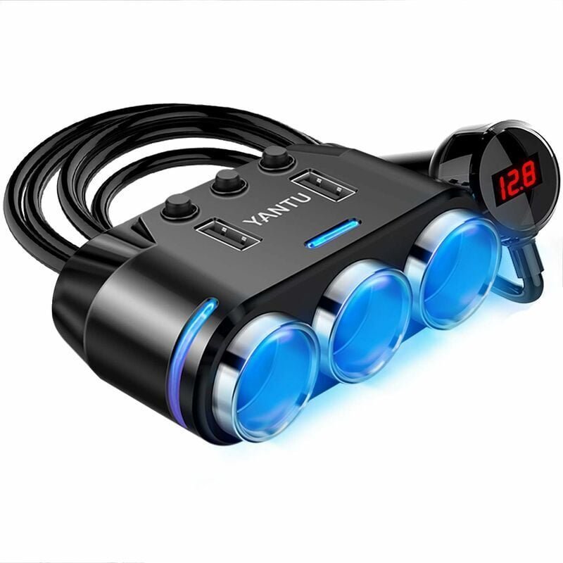 XVX - Zigarettenanzünder-Adapter, 3 Steckdosen, Zigarettenanzünder-Splitter mit LED-Spannungsanzeige, Dual-USB-Autoladeg...