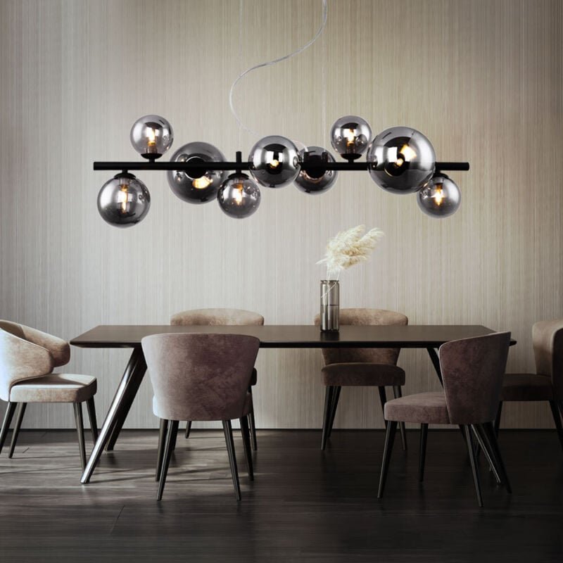 Pendelleuchte Kugel Glas Hängelampe Esstisch schwarz Wohnzimmerlampe hängend Modern, 9 Flammig mit Rauchglas, 9x led 3,5...