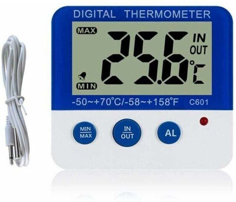 Digitales Kühlschrankthermometer mit Alarm und gut lesbarem LCD-Display für Maximal- und Minimaltemperatur.