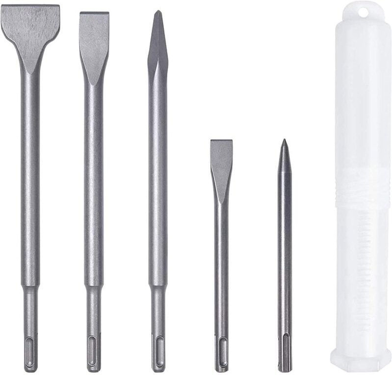 Set mit 5 Meißeln mit 2 Spitzmeißeln und 3 Flachmeißeln, Fliesenmeißel, Breitmeißel, Bohrwerkzeug für Betonfliesenbauste...