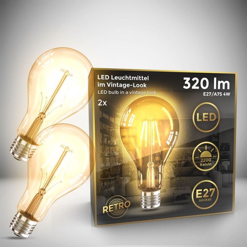 Led Glühbirne E27 2er Set - 4W, 360lm, A75, Edison, 2200K, bernstein