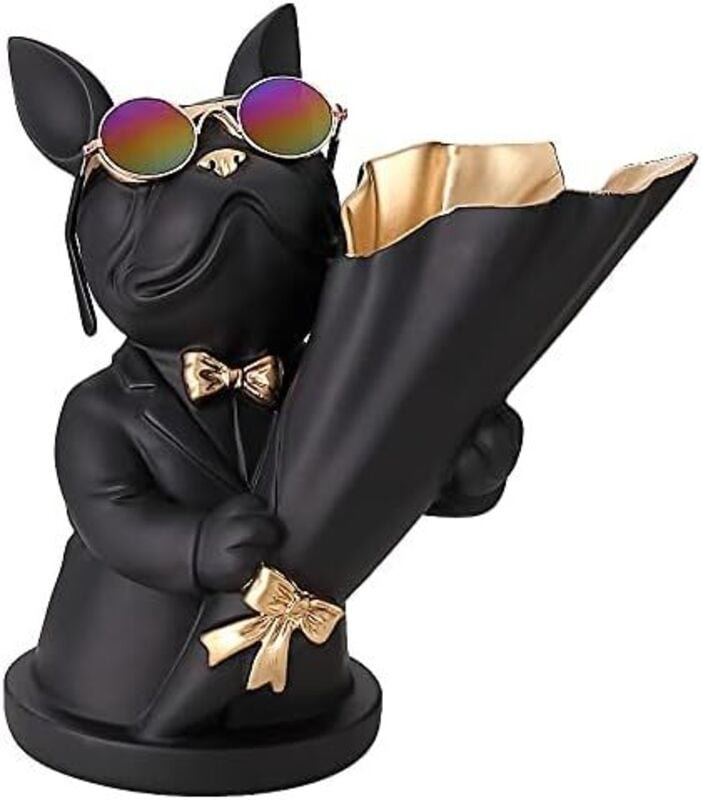 Französische Bulldogge Figur mit Edelstahl Tablett, Tischdeko Skulptur, Schlüsselschale Statue Kleinteile, Behälter