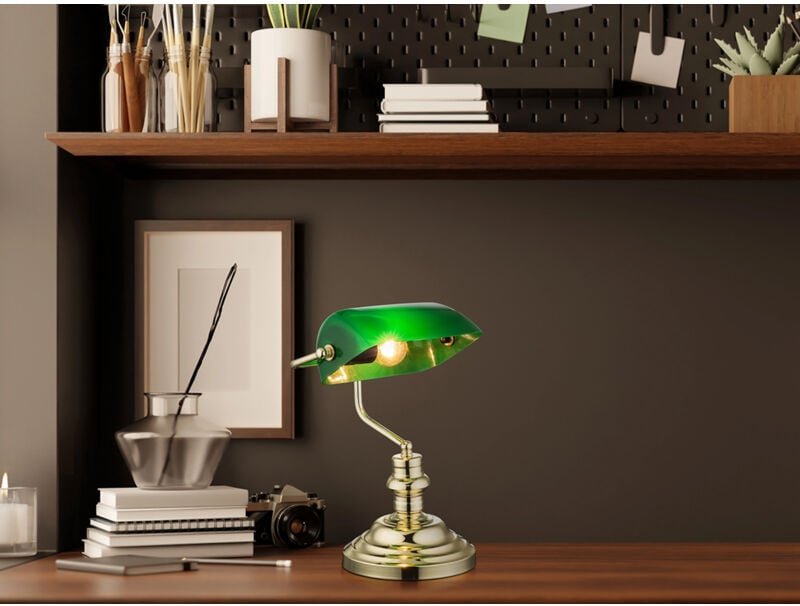 Thumbnail - Eglo - Retro Schreibtischlampe antique Messing mit Acrylschirm Grün, Höhe 36cm