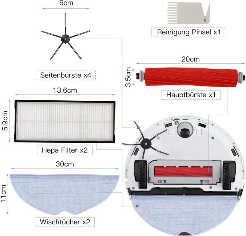 Ersatzzubehör für S7/S7 MaxV /S7 MaxV Ultra/T7 /T7S/T7 Plus, 1 Hauptbürste, 4 Seitenbürsten, 2 HEPA-Filter, 2 Wischtüche...