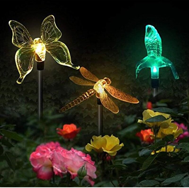 3er-Pack Solar-Gartenleuchten, Schmetterling, Kolibri, Libelle, solarbetriebene led, mehrfarbig