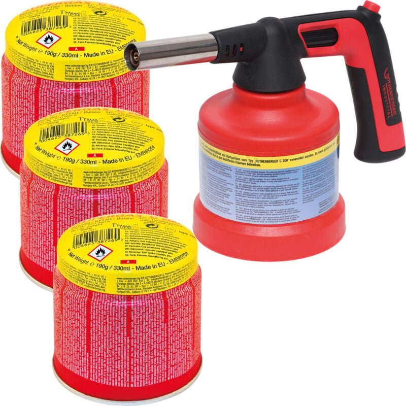 ROTHENBERGER Industrial RS 200 Piezo inkl. 3x C200 Supergas Lötlampe Lötbrenner 180° Drehung FT 800°C / AT 650°C - 15000...