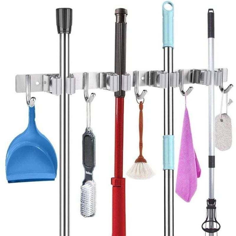 Besenhalter aus Edelstahl mit 4 Schlitzen und 5 Haken zur Wandmontage für Küchengeräte, Badezimmer, Garage und Garten.