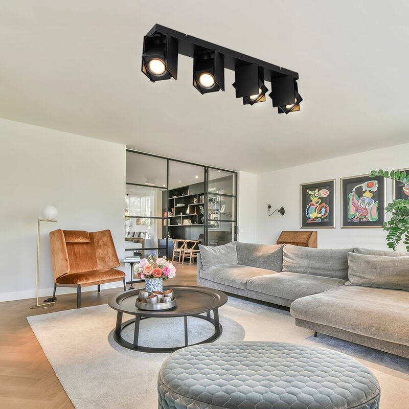 Deckenlampe Deckenstrahler schwarz Deckenspots 4 Flammig Wohnzimmerleuchte mit verstellbaren Spots, Metall, 4x GU10 Fass...