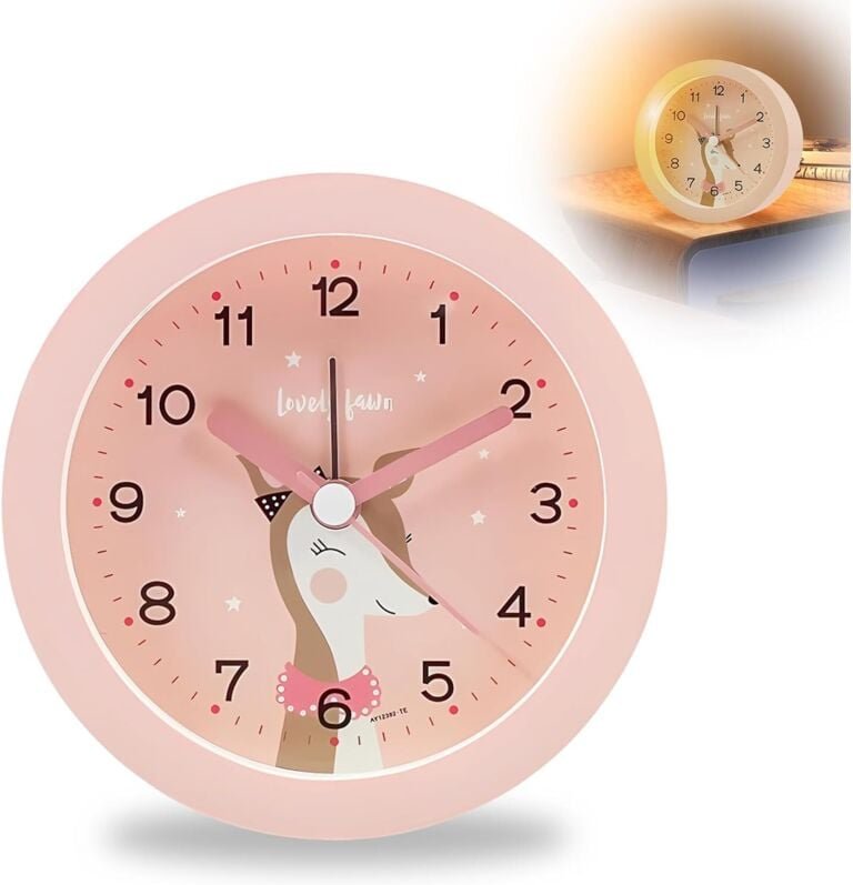 Kinderwecker – tickt nicht – süßer Cartoon-Wecker mit Nachtlicht – analoger Wecker mit sanftem Alarm – Schulanfang – bat...