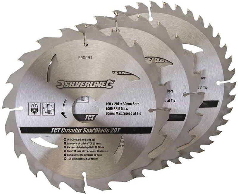 Silverline - Hartmetall-Kreissägeblätter mit 20, 24 und 40 Zähnen, 3er-Pckg. 190 x 30, Reduzierringe: 25 u. 20 mm