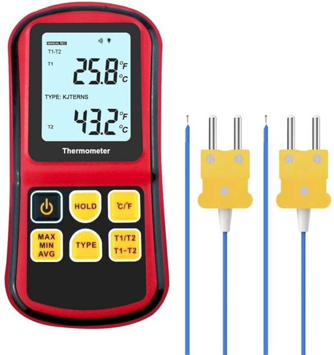 Digitales Thermoelement-Thermometer, Zweikanal-Thermometer mit zwei K-Typ-Sonden, LCD-Display, Temperaturmessgerät