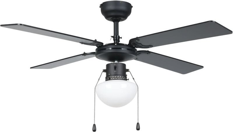 Deckenventilator Fortaleza, 4 Flügel Ventilator mit Zugkette, Beleuchtung und Sommer Winter Betrieb, Holz, Stahl in schw...