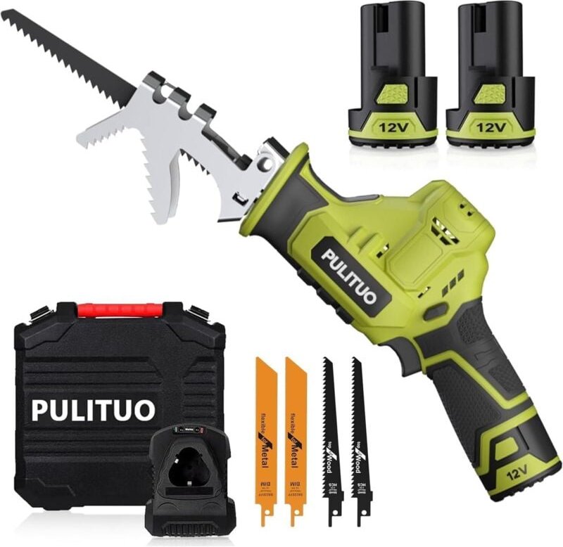 Thumbnail - Pulituo - Scie Sabre Sans Fil 12V Scie Egoîne Electrique sans Fil Vitesse Variable 0-2700RPM,vert scie sabre sans fil av...