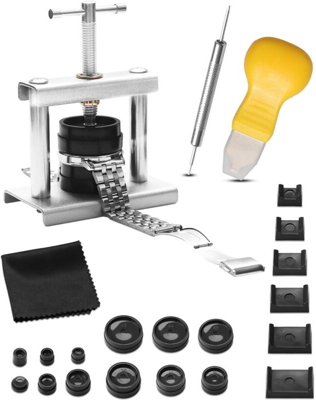 Uhrengehäusepresse – Werkzeug zum Öffnen und Schließen von Uhrengehäusen mit 18 Einsätzen – Reparaturwerkzeug für Schlie...