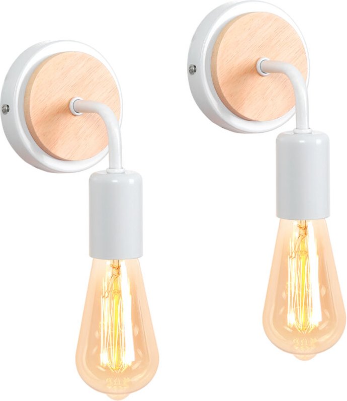 Wandleuchte Innen, 2er Weiß Holz Wandlampe E27 Vintage für Wohnzimmer, Schlafzimmer, Flur, Restaurant (Ohne Leuchtmittel...