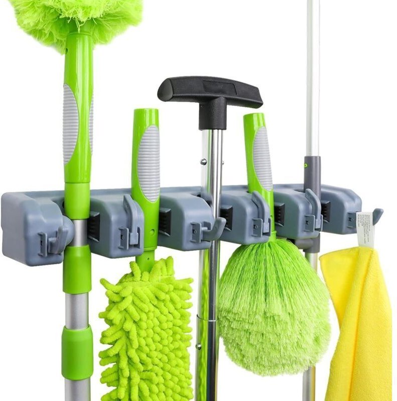 Rechteckige Wandhalterung für Besen und Gartengeräte, Küche, Gartenhaus und Garage, 6 Haken und 5 Schlitze, grau