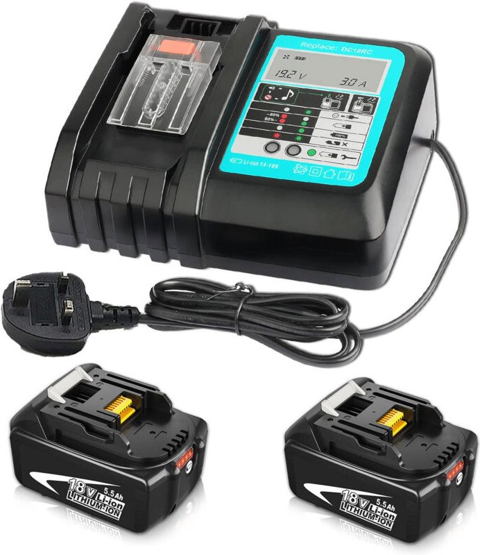 Akkus für Elektrowerkzeuge, 2 x 5500 mAh Li-Ion-Akkus + DC18RC 14,4 v – 18 v Schnellladegerät, kompatibel mit Makita 14,...
