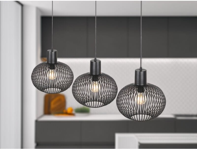 Led Pendelleuchte 3-flammig mit Gitter Lampenschirmen Schwarz, Breite 120cm