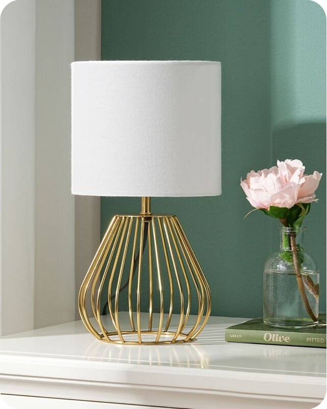 EDISHINE Moderne Tischlampe, Nachttischlampe mit E14 Leuchtmittel, Vintage Tischleuchte, 2700K Warmweiß, H29cm, Weiß & G...