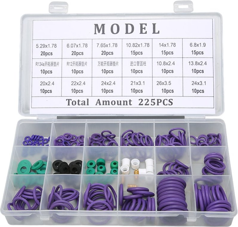Ej.life - 225-teiliges O-Ring-Dichtungsset für Auto-Klimaanlage, 14 Größen, Sortiment mit Unterlegscheibe, Abstandshalte...