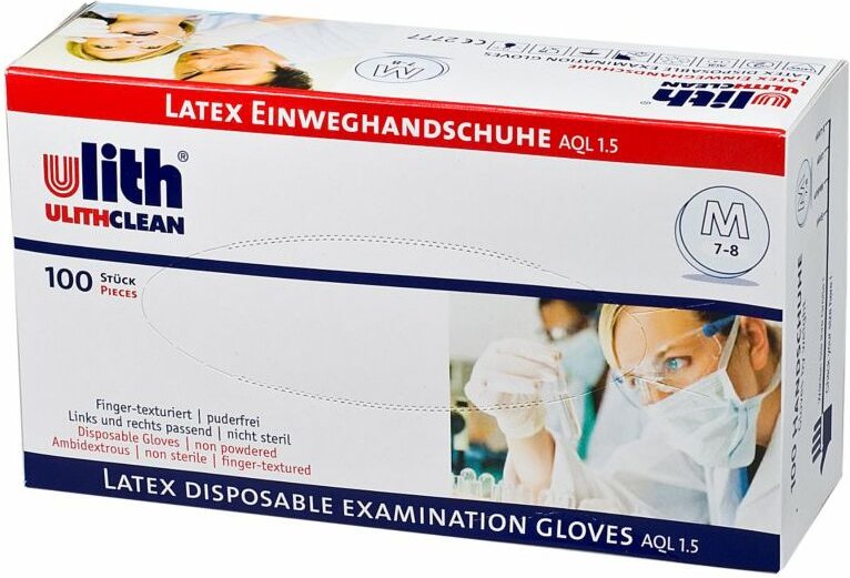 Latex Einweghandschuhe AQL1.5 Größe 6-7, s puderfrei 100 Stück in Spenderbox - Ulith