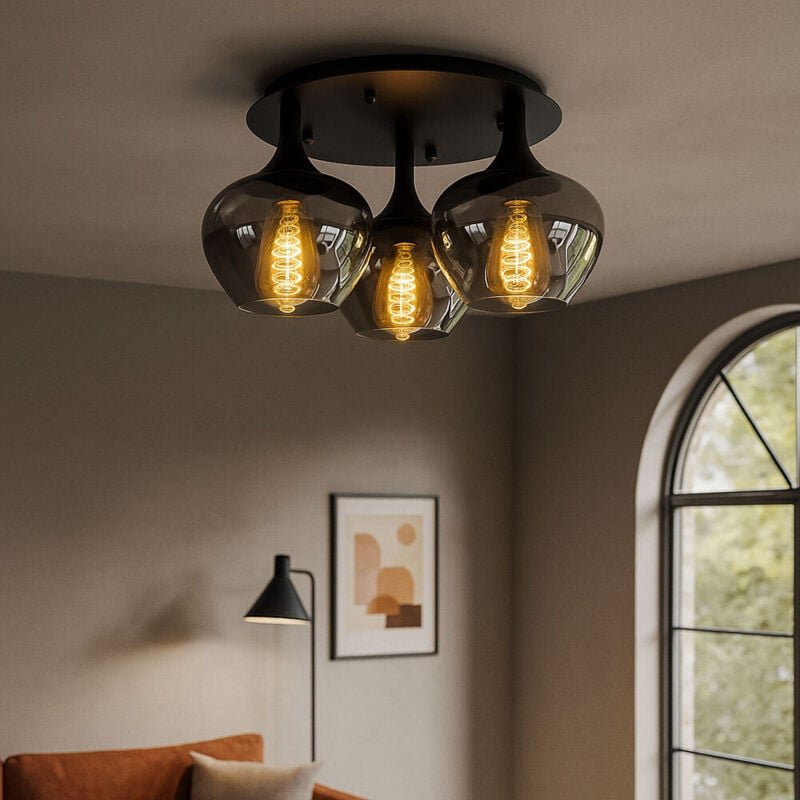 LED Deckenlampe Deckenleuchte Rauchglas Esszimmerleuchte rund Glaskugel Schlafzimmer, Metall schwarz, 3x 7W 3x 806lm war...