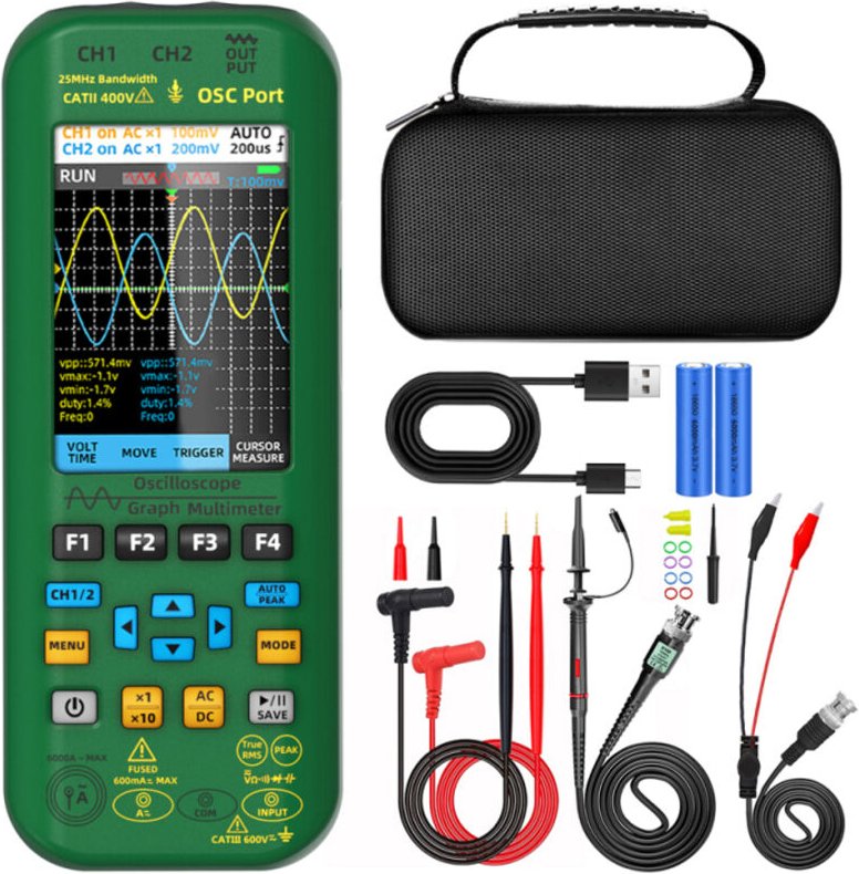 Oscilloscopio grafico portatile 3 in 1 con sorgente di segnale, schermo IPS TFT da 3,98 pollici, misura tensione, corren...