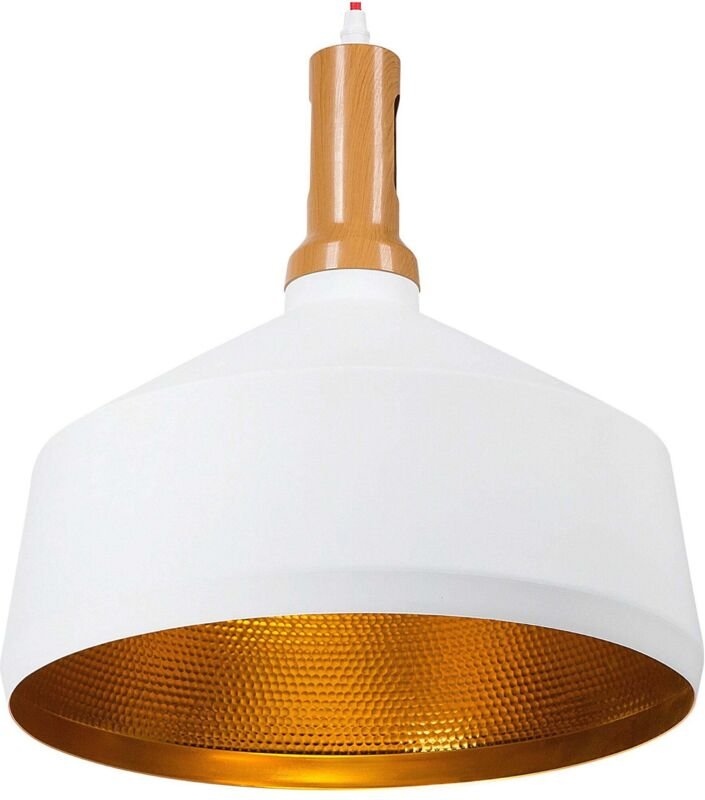 Hängeleuchte Weiß und Gold Metall Holzoptik mit Schirm in Glockenform Industrie Look