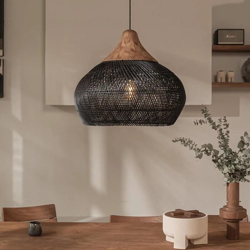 JOYINLED Vintage-Pendelleuchte aus Rattan, handgeflochtener Schirm, schwarz, 60 cm, für Ess- oder Wohnzimmer. E27-Leucht...