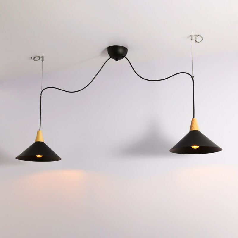 Barcelona Led - Doppel-Pendelleuchte aus Metall und Holz "Selroom" - Schwarz -