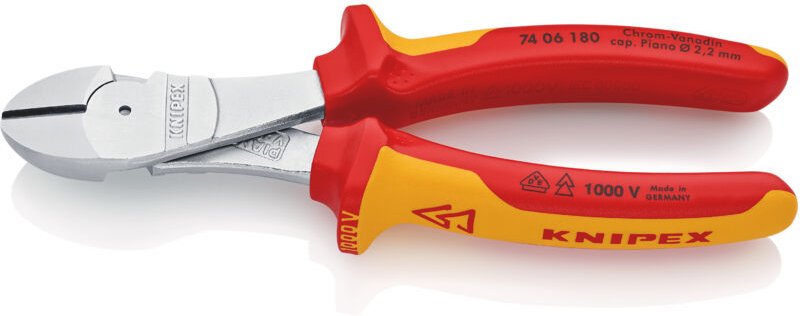 KNIPEX 74 06 180 Kraft-Seitenschneider isoliert mit Mehrkomponenten-Hüllen, VDE-geprüft verchromt 180 mm