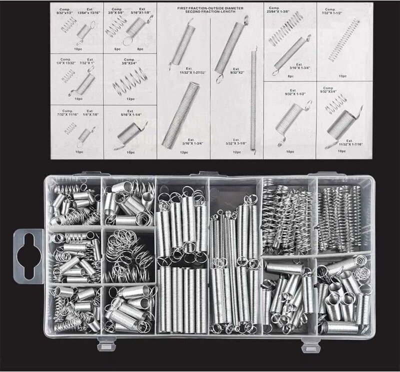 200-teiliges Sortiment an Federn: Zugfedern, verschiedene kleine Zug- und Druckfedern mit Aufbewahrungsbox