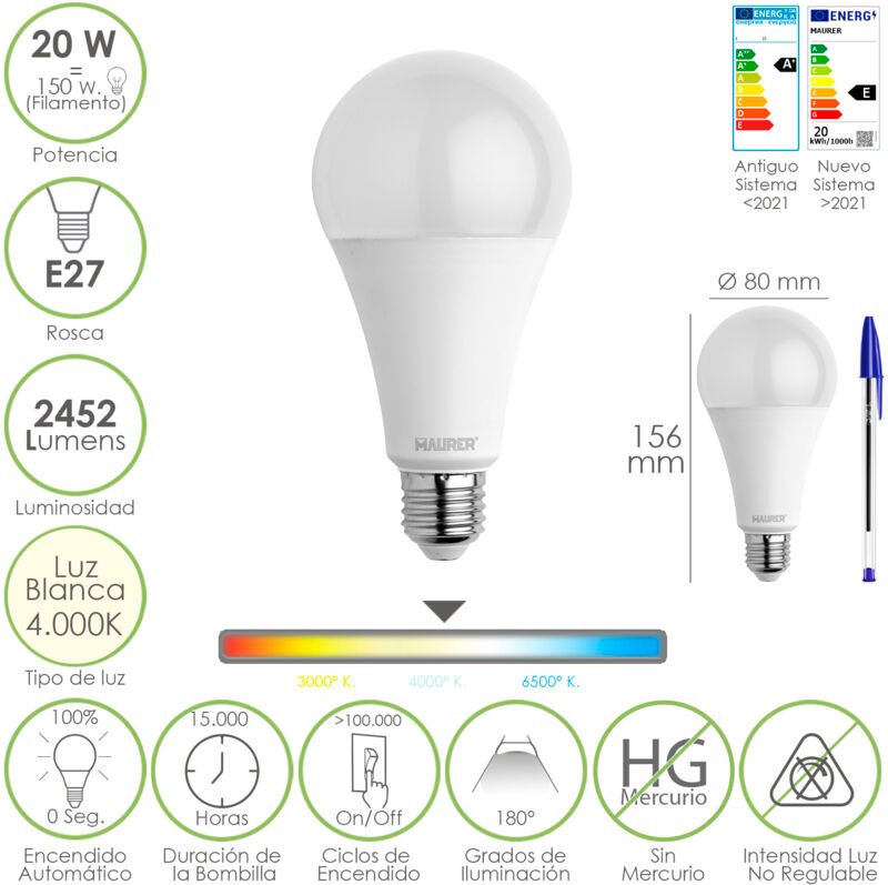 Maurer - Bombilla Led Estandar Rosca E27. 20 Watt. Equivale a 150 Watt. 2452 Lumenes. Luz Neutra (4000º k.)