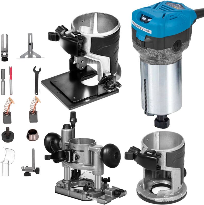 Holzfräse Oberfräse 710 w, Kompakter Holzfräse mit 3 Basen, 10000-30000 U/min Kantenfräse, 1/4' & 3/8' Multifunktionsfrä...